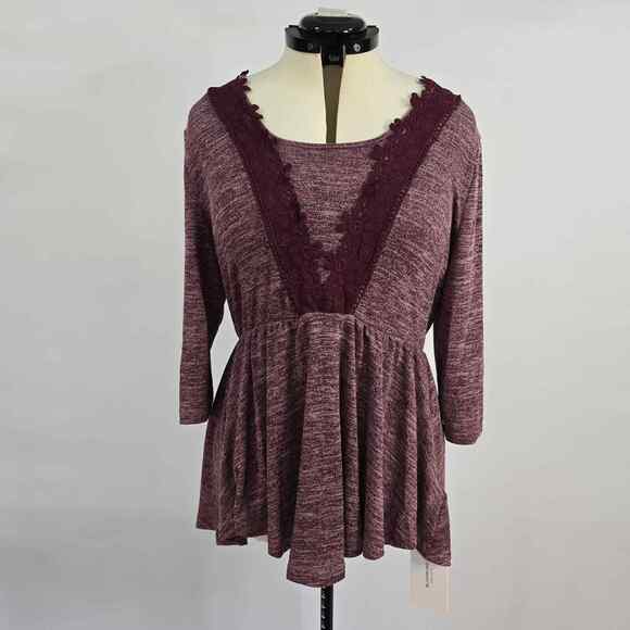 Bloomchic Blouse Women's 1X Plus Knit Round Neck Lace Long Sleeve Burgundy NWT - Picture 1 of 8